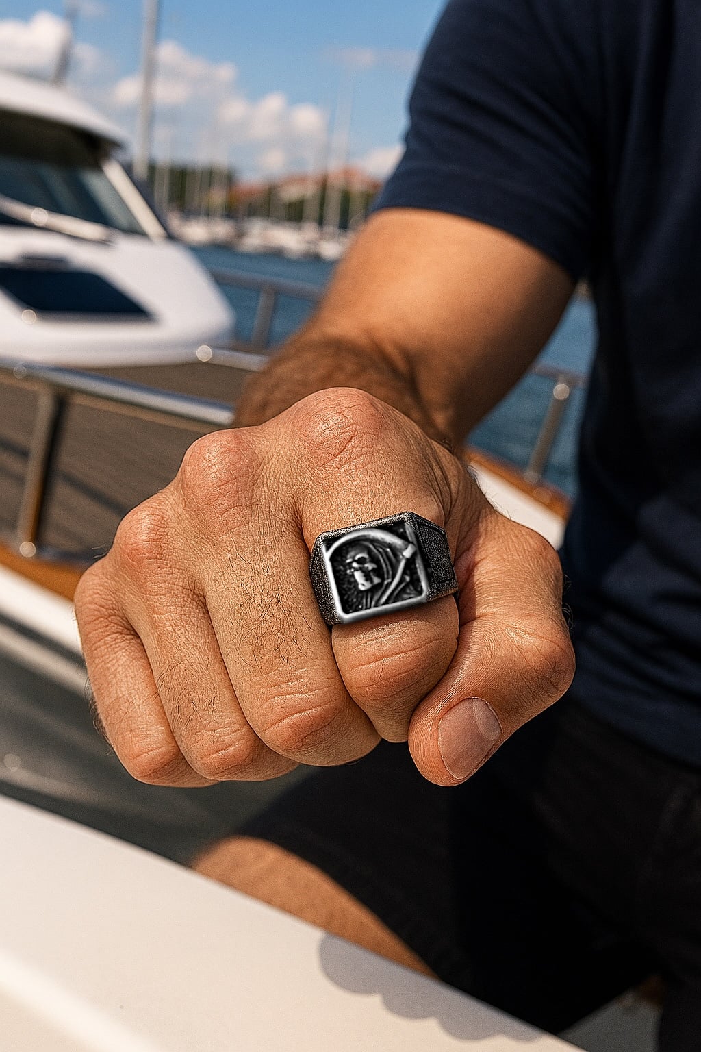 Anillo gótico de sello para hombre de acero inoxidable 304 con calavera y hoz